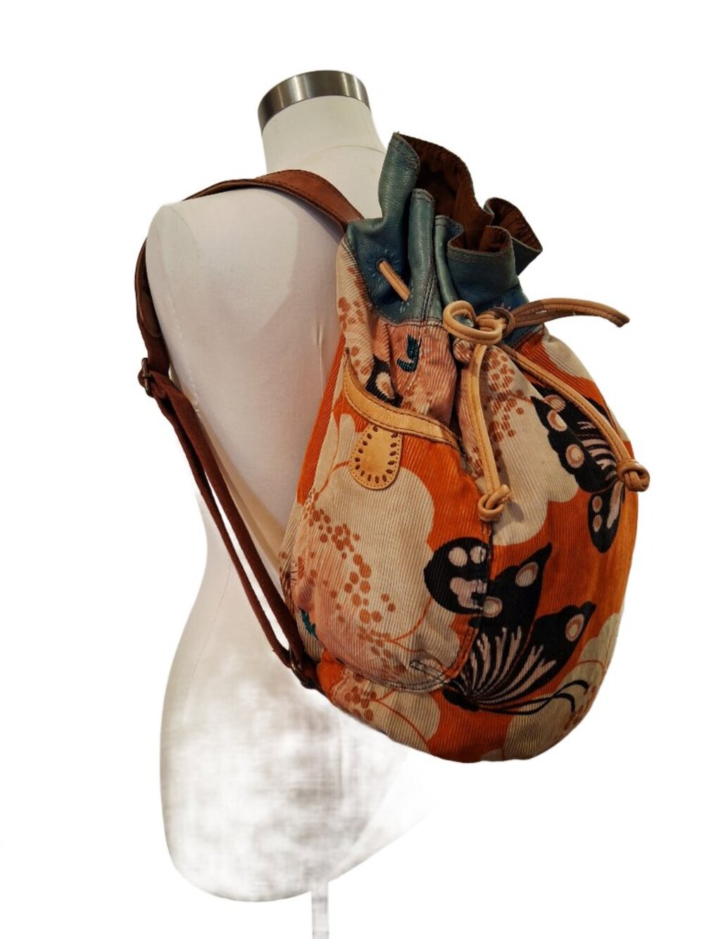 Lucky Brand Boho Floral & Butterfly Leather & Corduroy Drawstring Backpack Purse